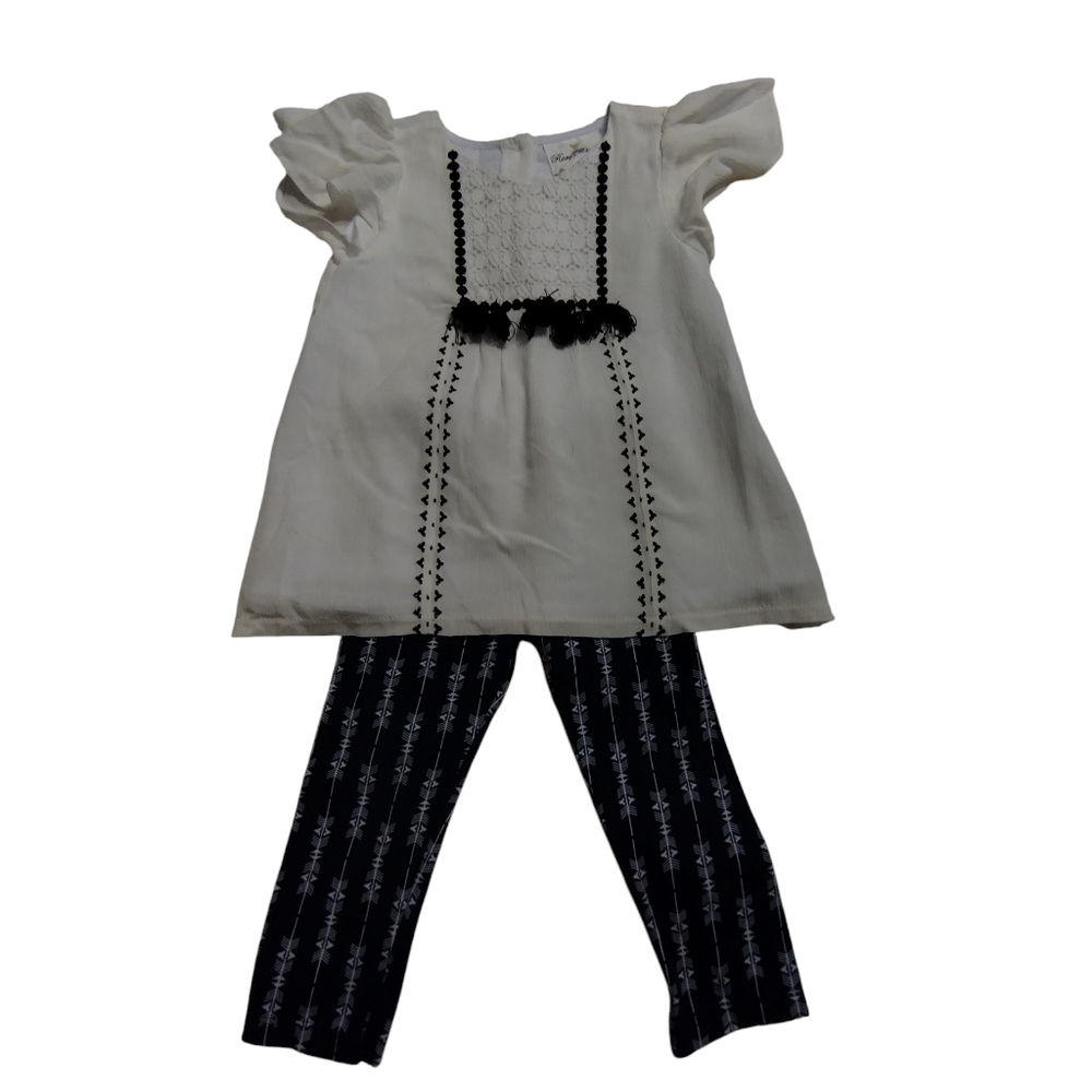 Rare Edition White and Black Embroidered Top Tasswith Patterned Legging Pants
